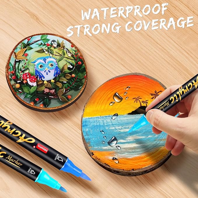 Droaful Acrylic Paint Pens Markers,72 Color Paint Markers Dual Fine & Brush Tips For Rock Painting,Fabric,Metal,Glass,Wood,Canvas,Ceramic,Plastic,Non-Toxic & Odor,Premium Art And DIY Craft Supplies