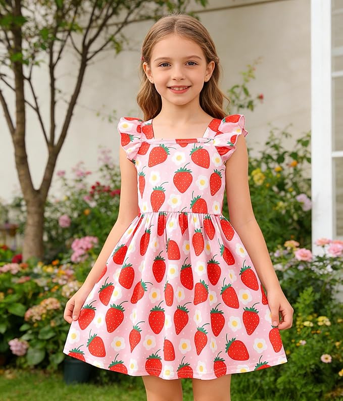 Popshion Girls Dresses Flutter Sleeve Swing Sundress Toddler Summer Clothes Kid Birthday Party Sleeveless Dress 1-8 Years Old