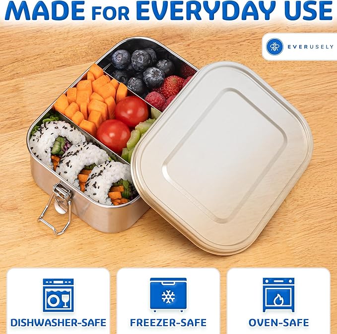 Everusely - Stainless Steel Lunch Box - 27 oz / 0.8 L, 2 Adjustable Dividers - Leakproof Snack and Salad Bento Containers for Adults - Food Storage Boxes with Lids for Work, Picnics, Travel