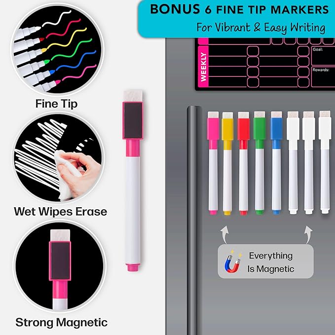 3 Pcs Blackboard Chore Chart Set - Pocket Charts Dry Erase Chore Chart for Multiple Users, Teens & Adults. Fridge Magnetic Blackboard Set, 3 Individual Charts (10"x10" Each) & 8 Fine Tip Markers