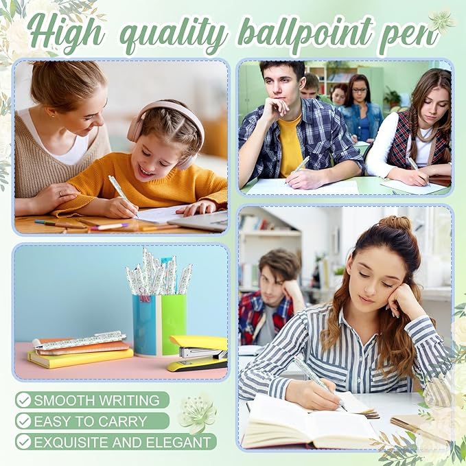 Resurhang 30 Pcs Sage Green and White Floral Ballpoint Pens 0.5 mm Black Ink Chinoiserie Gel Pens Vintage Aesthetic Retractable Ballpoint Office School Supplies for Bridal Baby Shower Wedding