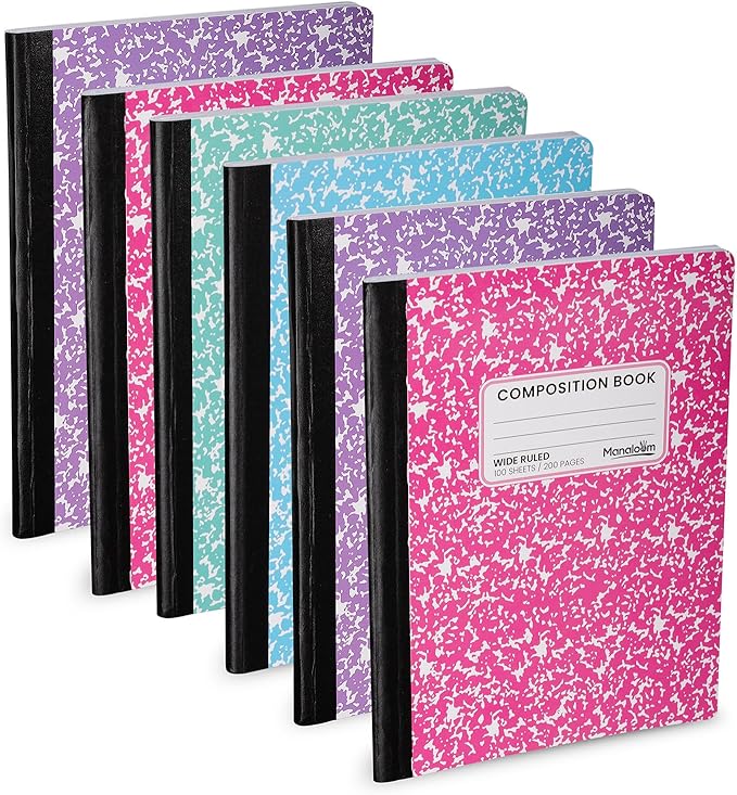 Manaloom Hardcover Wide Ruled Composition Notebook, Bright Colors | 100 Sheets/200 Pages | 9.75 x 7.5 Inch | School, Office, Note-taking - 6 Pack
