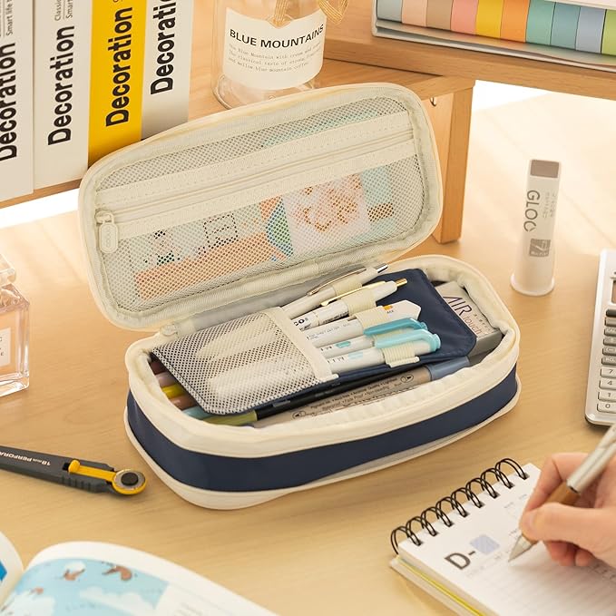 EASTHILL Big Capacity Pencil Case Large Pencil Pouch Stationery Pen Bag for Teen Girls-Navy