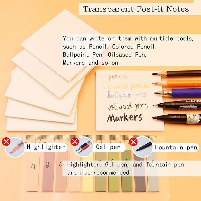 YOUDEFUL 800Pcs Transparent Sticky Notes, 3"x3" Clear Sticky Notes, Waterproof Translucent Sticky Note Pads for Books Annotation, Clear Post it Notes for Bible Study, School, Office（White）