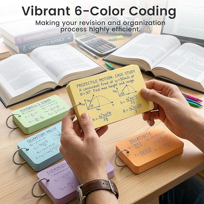 Koogel Index Cards with Ring for Studying, 480 PCS, 3x5 Inch, Colored Flash Cards with Key Ring, Notecard for School College Memory Vocabulary Greeting Memo Home Organization Supplies, 6 Colors