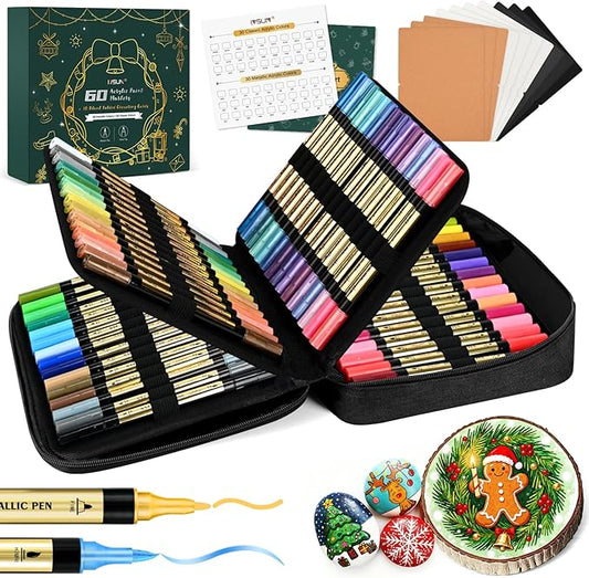 IVSUN Metallic Marker Pens, 30 Metallic & 30 Regular Colors Dual Tip Acrylic Paint Pens for Black Paper, Photo Album, Rock Painting, Wood, Card Making, DIY Crafts, Scrapbook Supplies