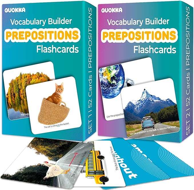 QUOKKA 104 Prepositions Flash Cards with Realistic Images for Pre-K Kindergarten - Perfect for Teachers, Parents, Speech Development Activities - Words&Sentences Vocabulary Builder for Kids Adults