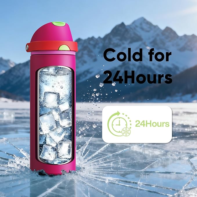 Insulated Water Bottle with Straw - Encool Stainless Steel Water Bottle with Push Button Lid, Leak-Proof & BPA-Free, Keeps Cold for 24 Hours for Sports, Travel, Gym (24 oz, Cerise Pink)