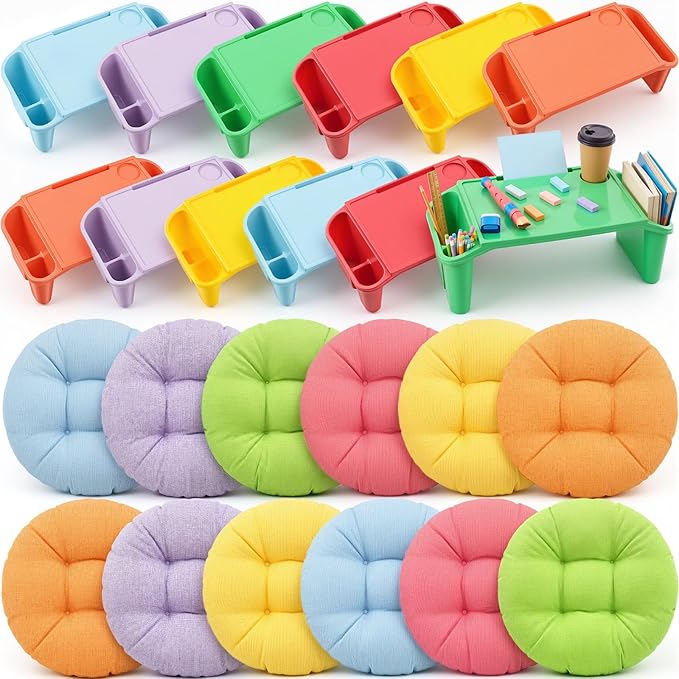 Supervitae 24 Pcs Kids' Lap Desk and Classroom Floor Cushions Set, Including Stackable Lap Tray 19.7 x 14.8 x 7.7'' & Floor Pillow 16'' for Classroom Kindergarten Daycare Nursery (Multicolor)