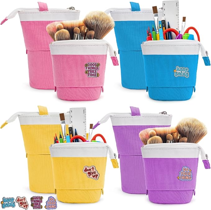 4 Pack Telescopic Pencil Case, Portable Standing Pen Pouch with Pins Zipper, 4 Colors Stand Up Stationary Holder Pop Up Make-up Bag for Pens, Cosmetics, Paintbrushes