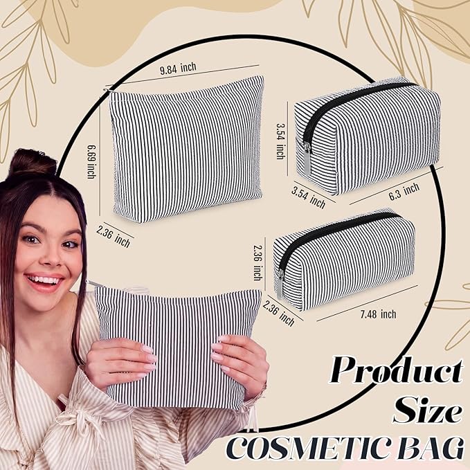 Huhumy 3 Pcs Makeup Bag Set Cute Stripe Cosmetic Pouch for Women Aesthetic Seersucker Travel Toiletry Bag Set Preppy Small Makeup Purse Pouch Cosmetic Organizer Pencil Case with Zipper(Black)