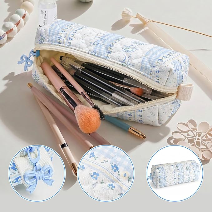 Cute Quilted Pencil Case for Girls Women, Aesthetic Small Floral Pencil Pouch,Slim Soft Pencil Bag for School Supplies Makeup Pouch for School & Daily Use (Blue Bow Floral)
