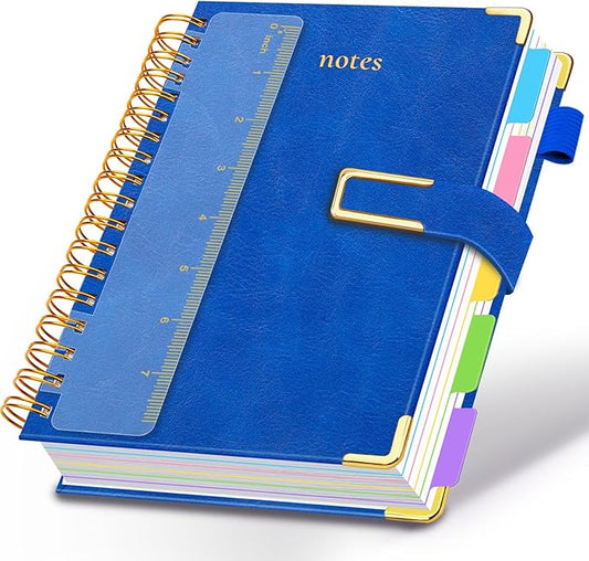 Hardcover Spiral Notebook College Ruled, 6.2"x 8.2" Leather Journal Notebook with Magnetic Closure, 300 Pages 5 Subject Notebook with Dividers Tabs Journal for Women Men, Work, School(College Blue)