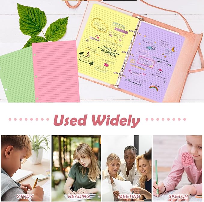 200 sheet Half Letter Lined Paper 3 Hole Punch 5-1/2 x 8-1/2 College Ruled Loose Leaf Notebook Paper Lined Refills Paper Colored Wide Ruled Paper Mini Binder Paper Fits 3 Ring Binders For Office