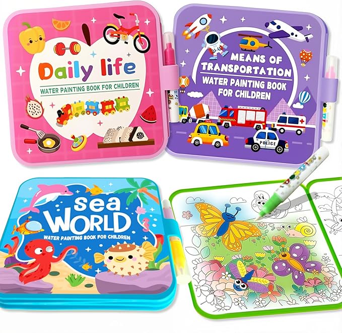 YoPoll Water Painting Book for Kids, Reusable Magic Water Coloring Book with Water Pen, No Mess Water Reveal Coloring Book, Travel Activity Toy for Toddlers Ages 3–6