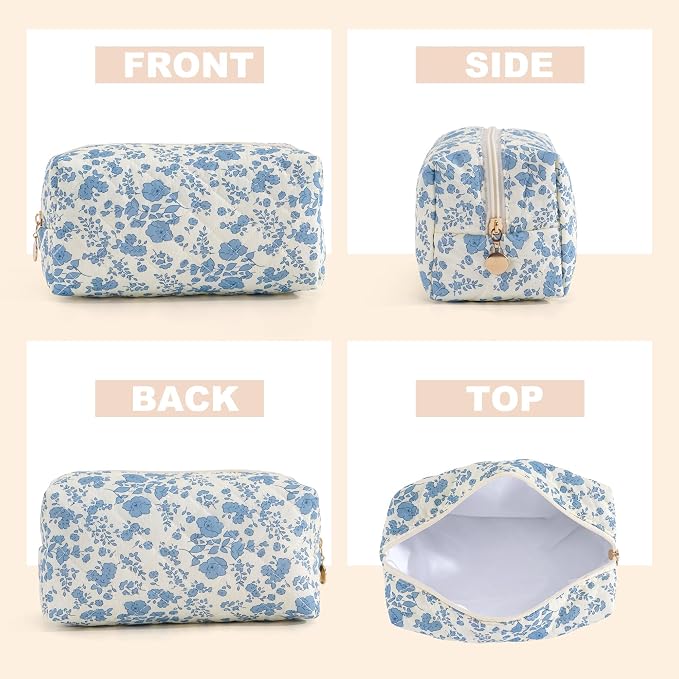 Makeup Bag Travel Toiletry Bag for Women, Small Cosmetic Bags Cute Quilted Cotton Makeup Pouch for Purse Emergency Bag Pencil Case Accessory Bag, Blue