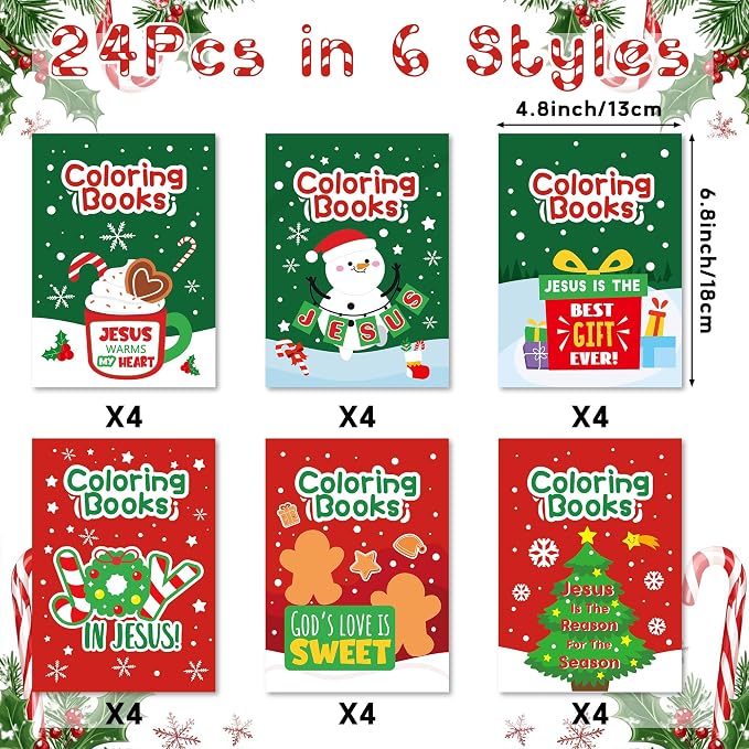 24Pcs Christmas Religious Coloring Books - Christian DIY Color-in Pages Booklet Bulk Drawing Xmas Theme Activity Party Supplies for School Classroom Rewards Holiday Artwork Gift for Kids