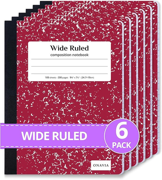 ONAVIA Composition Notebook Wide Ruled 6 Pack, 200 Pages (100 Sheets), 9-3/4 x 7-1/2, Marble Composition Books Bulk, Notebooks for School, Work, Office, Durable Comp Book, School Supplies, Red