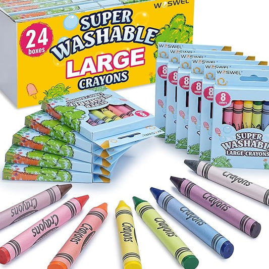 WOSWEL Super Washable Jumbo Crayons Bulk, 24 Pack Crayons with 8 Bright Colors, Non-Toxic Easy-Grip for Toddlers 1-3 & Kids Ages 4-8, Safe Art Supplies for Coloring Books & School Projects