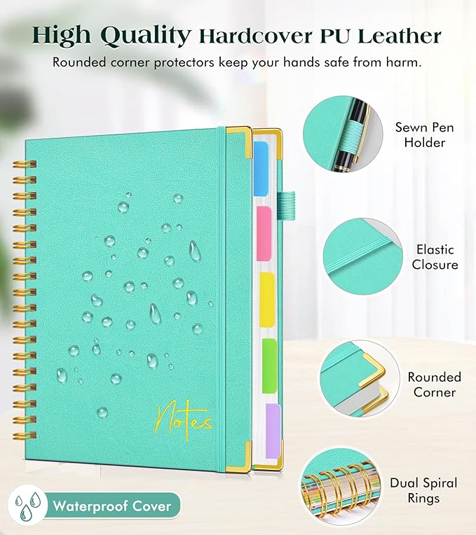 Spiral Notebook Journal with Removable Dividers Tabs, 300 Pages Hardcover Leather 5 Subject College Ruled Notebook, 8.5"x11" Large A4 Lined Journal for Women Men, Spiral Notebook for Work School,Teal