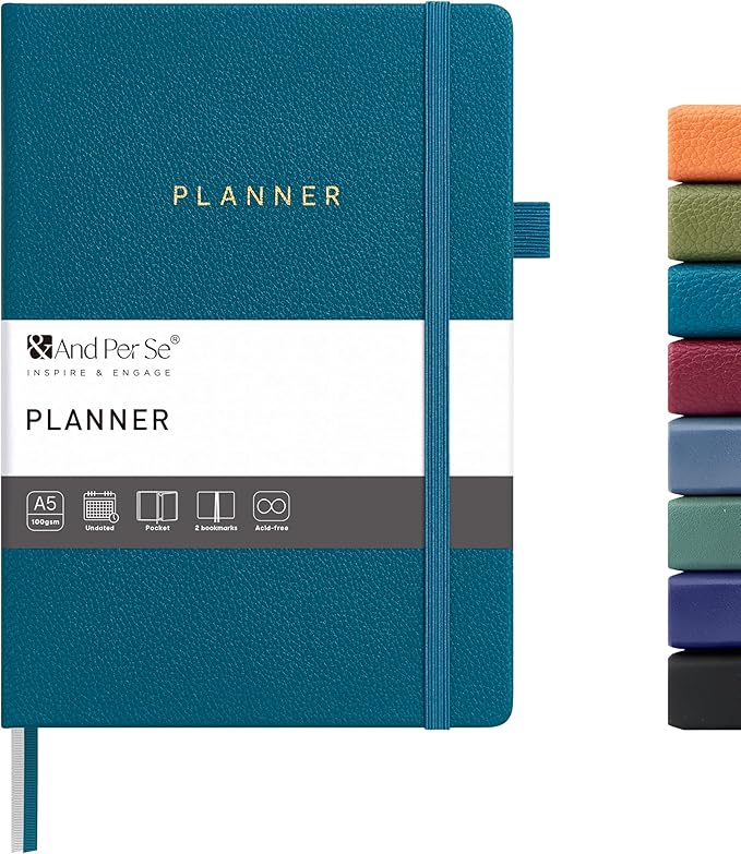 And Per Se Undated Planner, Weekly & Monthly Planner with Goal & Habit Tracker, A5 Leather Hardcover Productivity Journal for Academic Year (Dark Turquoise)