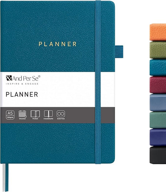 And Per Se Undated Planner, Weekly & Monthly Planner with Goal & Habit Tracker, A5 Leather Hardcover Productivity Journal for Academic Year (Dark Turquoise)
