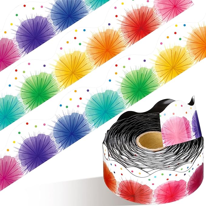 Fuyoooo 49 ft Colorful Poms Scalloped Magnetic Borders for Classroom, Cut Border Trim, Magnetic Bulletin Board Borders for Walls Desks Windows Doors, Lockers Schools Classrooms Homeschool Offices