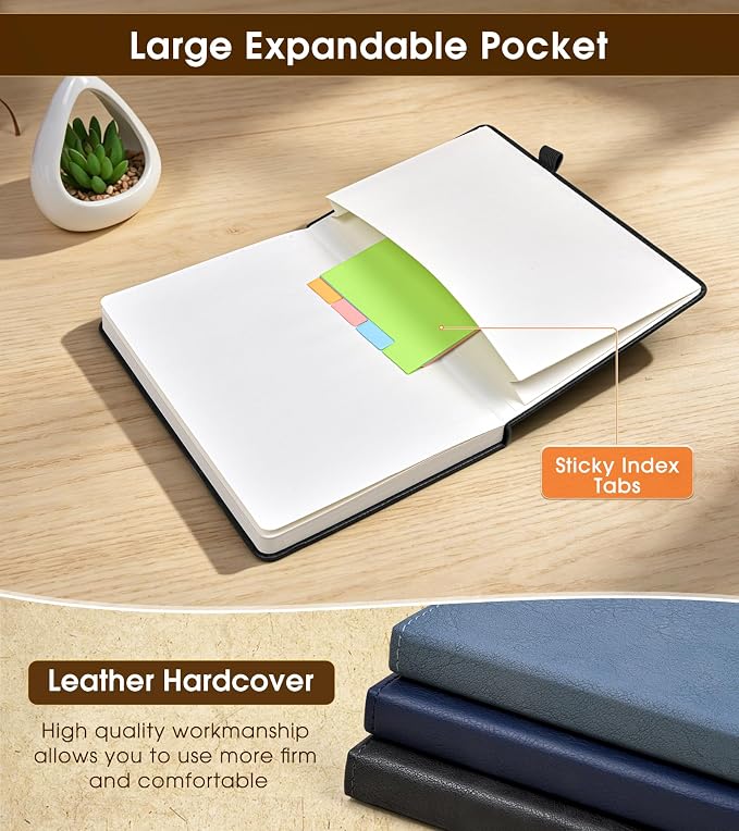 Lined Journal Notebook, A5 Hardcover Leather Journals for Writing, 160 Numbered Pages, 5.7'' x 8.3'' Journaling Notebooks for Men Women, Thick Paper College Ruled Journal for Work Office School, Black