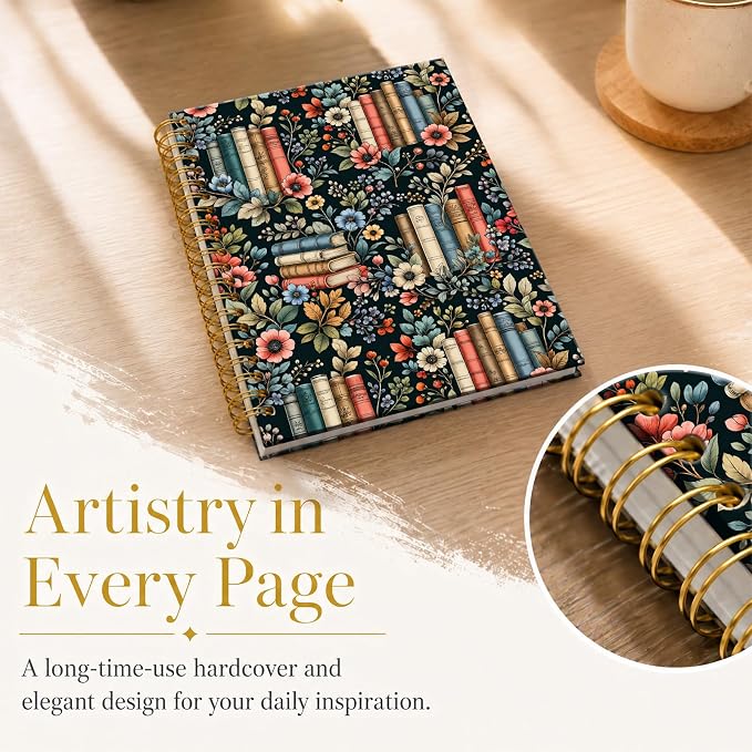 ATJFKIXL Cute Spiral Journal Notebook, A5 120 Page College Ruled Wirebound Notebook, Soft Cover for Students Office Notes and Planning - Floral Bookshelf