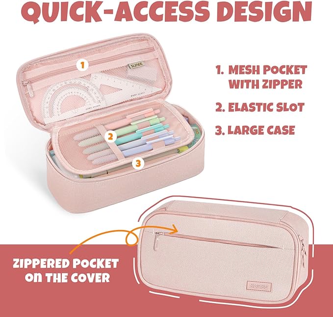 SUNEE Cute Pencil Case, Large Capacity Pencil Pouch, Big Storage Organizer for Stationery, Zipper Pen Bag, Back to School Supplies, Office Organizer Makeup Bag, for Teen Girl Boy Men Women, Pink