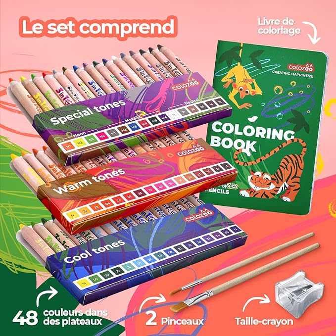 3 In 1 Color Pencil Set for Kids | 48 Colored Pencil for Toddlers. Fat Coloring Pencils with Brush,Sharpener, and Coloring Book | Non-Toxic and Vegan | Perfect for Toddler Art Supplies