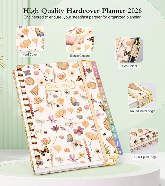 Academic Planner 2026-2027, Hardcover Weekly and Monthly Calendar Planner from July 2026 - June 2027, Daily Agenda Planners with Tabs, College School Organizer for Student Teacher, A5 (6.1" x 8.2"), Insect Garden