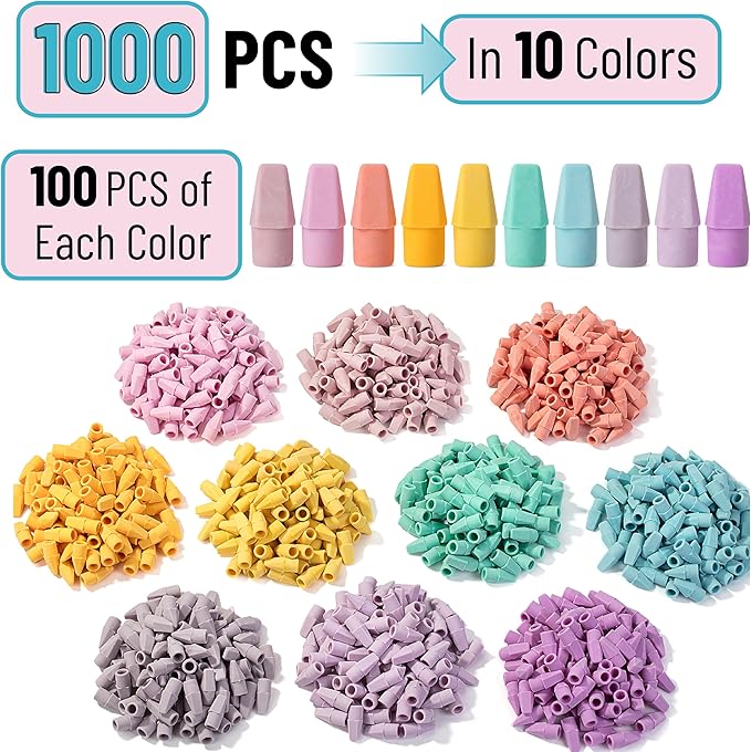 Mr. Pen- Pencil Erasers Toppers, 1000 Pack, Colorful, Latex Free, No Smudge, Mr Pen Erasers for Pencils