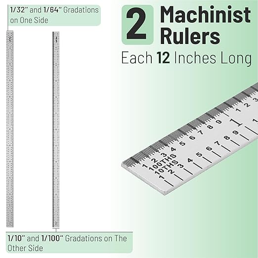 Mr. Pen- Machinist Ruler, 12 Inch, 2 Pack, Stainless Steel Imperial, Precision Measuring Tool, 1/10, 1/100, 1/32, 1/64 Inch Graduation for Engineering, Carpentry, Drafting, Office, School