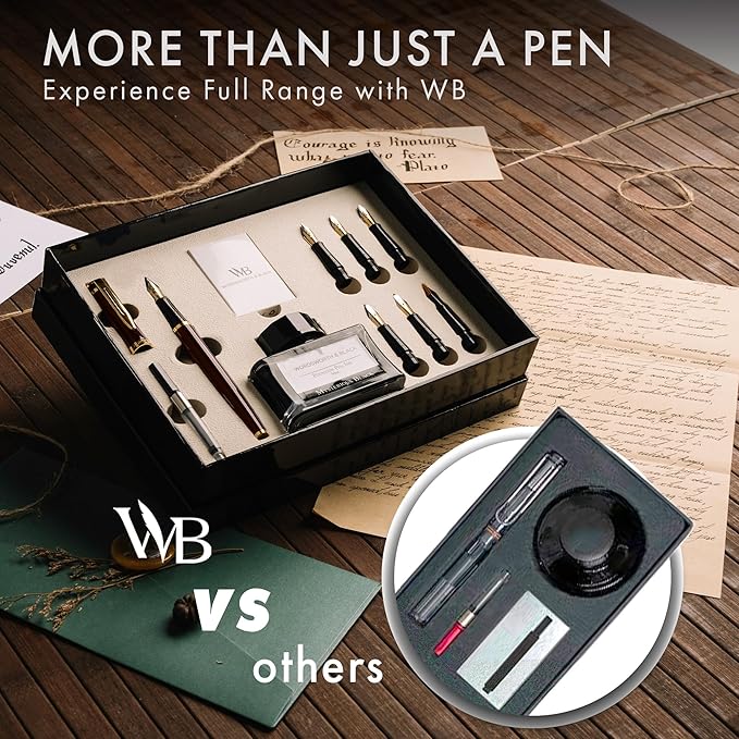Wordsworth & Black Calligraphy Pen Gift Set, Includes Ink Bottle, 6 Ink Cartridges, A Refill Converter, 6 Replacement Nibs, Journaling, Smooth Writing Pens [Brown Gold]