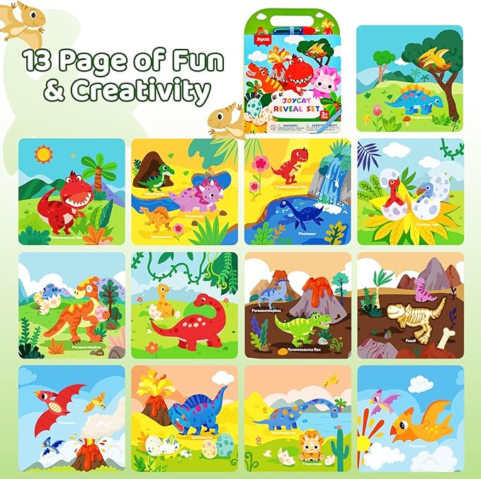 JoyCat Dinosaur Water Coloring Book for Toddlers 3-5, Reusable No-Mess Water Painting Book with Water Pen, 13 Activity Pages, Travel Toy Gift for Boys & Girls