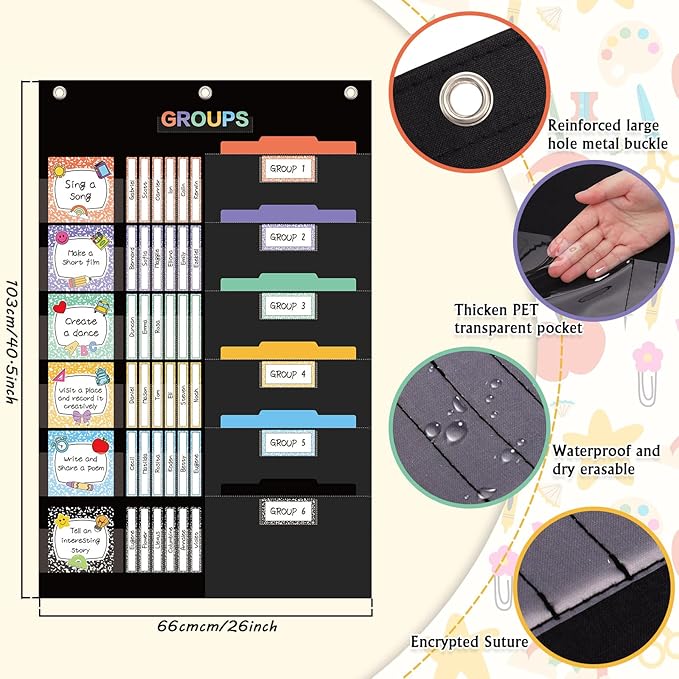 Whaline Group Management Pocket Chart with 98 Reusable Dry-Erase Cards 3 Hooks 2 Markers Colorful Composition Book Classroom Small Group Organizer for Back to School Teacher Supplies
