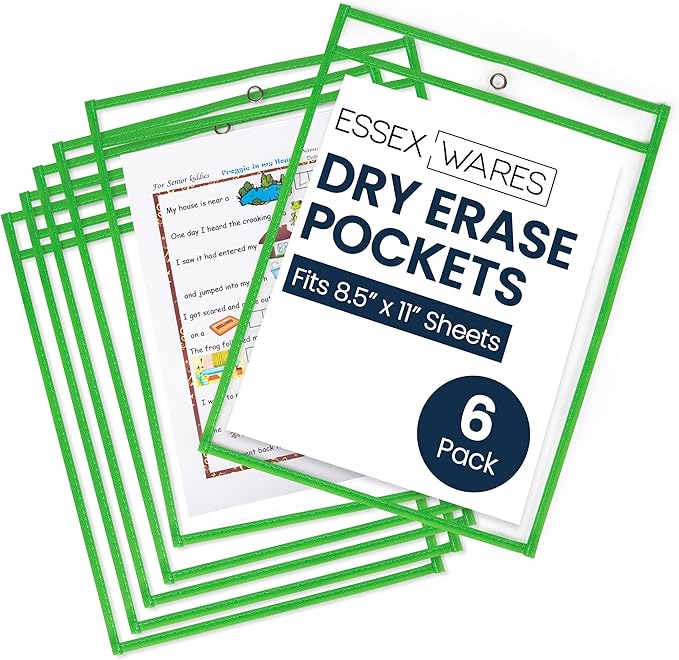 Essex Wares - 6 Pack, Green, Dry Erase Pocket Document Protectors, 10" Wide x 13.5" Tall - Dry Erase Clear Plastic Sleeves - Reusable & Easy Erase Plastic Invoice Holders, Water-Resistant & Durable