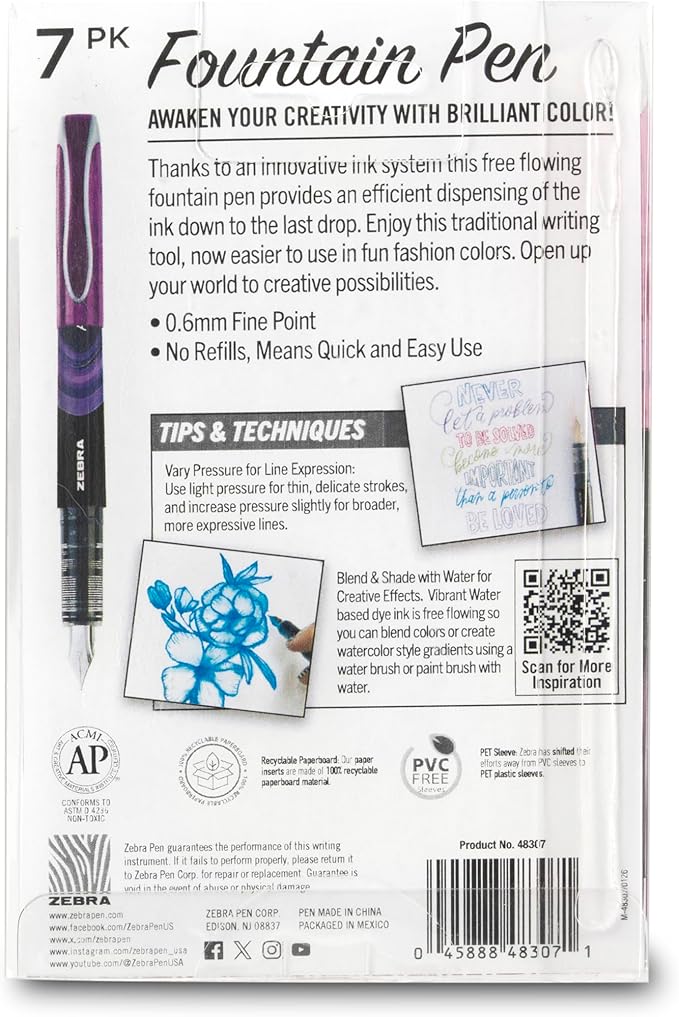 Zebra Pen, Fountain Pen, 0.6mm Fine Point, Stainless Steel Nib, Preloaded Assorted Ink, Smooth Ink Flow, Vibrant Assorted Barrels, No Cartridge Needed, 7-Pack (48307)
