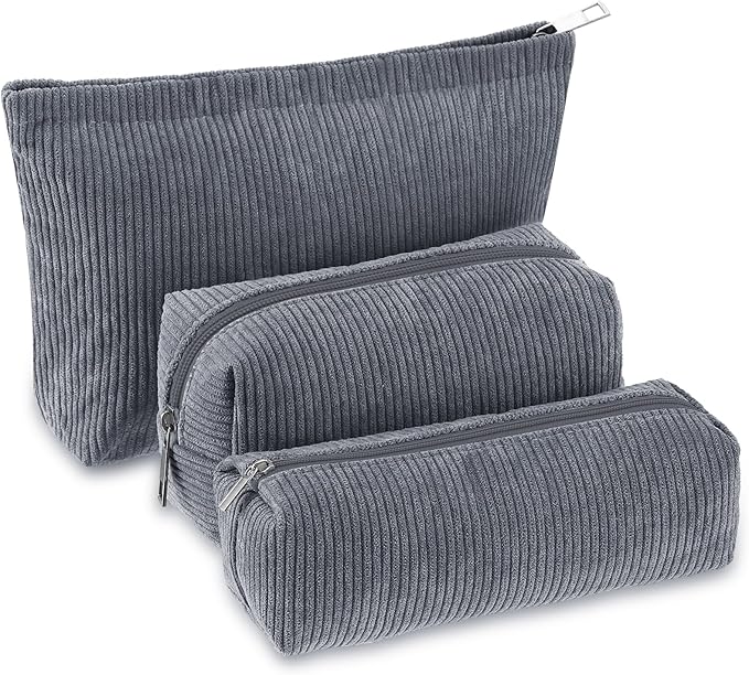 Huhumy 3 Pcs Makeup Bag Set for Women Corduroy Cosmetic Pouch Aesthetic Smile Travel Toiletry Bag Cute Purse Pouch Pencil Case Makeup Brushes Storage Organizer with Zipper(Gray,Solid Style)
