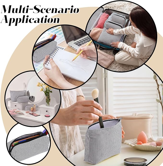 Huhumy 3 Pcs Makeup Bag Set Cute Stripe Cosmetic Pouch for Women Aesthetic Seersucker Travel Toiletry Bag Set Preppy Small Makeup Purse Pouch Cosmetic Organizer Pencil Case with Zipper(Black)