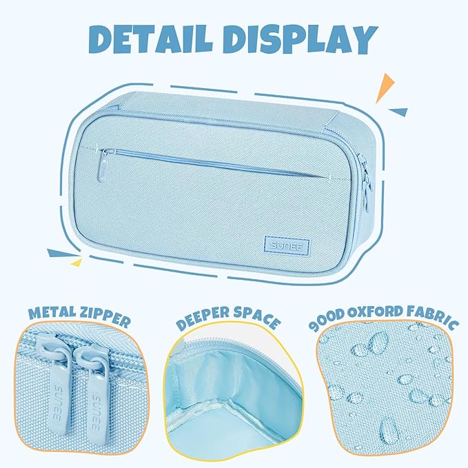 SUNEE Cute Pencil Case, Large Capacity Pencil Pouch, Big Storage Organizer for Stationery, Zipper Pen Bag, Back to School Supplies, Office Organizer Makeup Bag, for Teen Girl Boy Men Women, Blue
