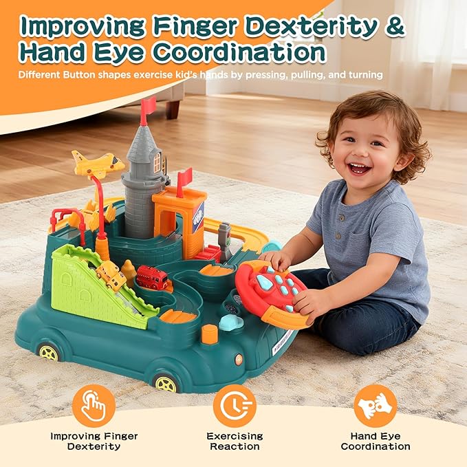 2026 Upgraded Car Adventure Toy for 3 4 5 6 Year Old Boys Girls, Race Track Toy with Steering Wheel & Sound, Montessori STEM Toys for Toddlers, Fine Motor Skills Birthday Gift for 3-5 Year Old Kids