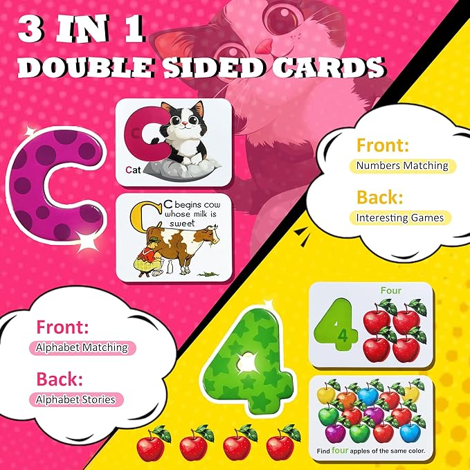 Magnetic Numbers and Alphabets Flash Cards Set - ABC Letters and Numbers Animal Pattern Board Matching Puzzle Games for Group Play, Montessori Educational Toys for Preschool Kids Age 3 4 5 Years