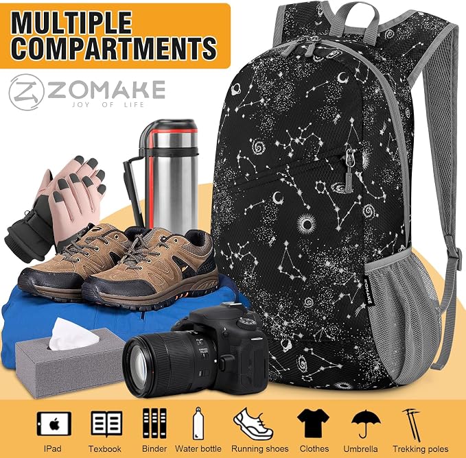 ZOMAKE Lightweight Packable Backpack 20L, Foldable Small Daypack for Hiking | Water Resistant Backpacks Day Bag for Travel Outdoor Camping Sport, Everyday Carry, Multi Compartment Storage(Star Print)