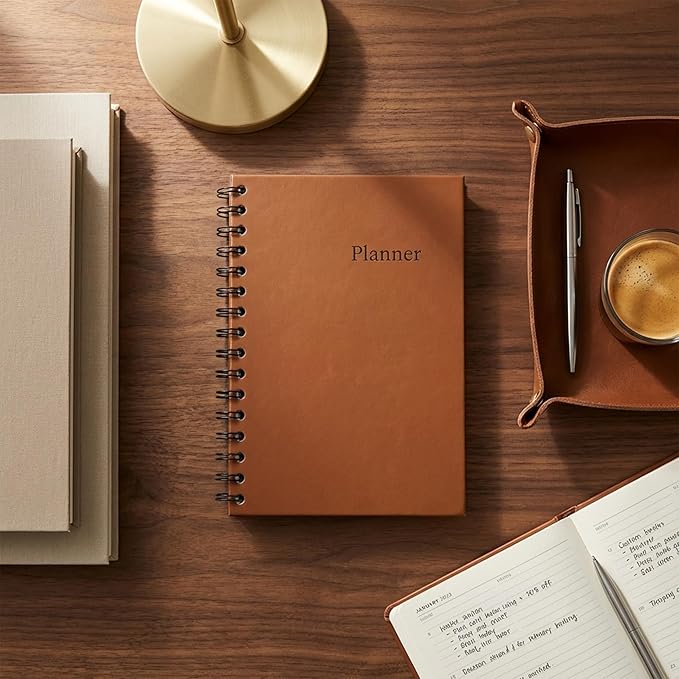 Undated Monthly and Weekly Planner - 12 Month Calendar Planner Notebook with Week Days - Hardcover Undated Planners Blank Agenda Book - A5 Brown