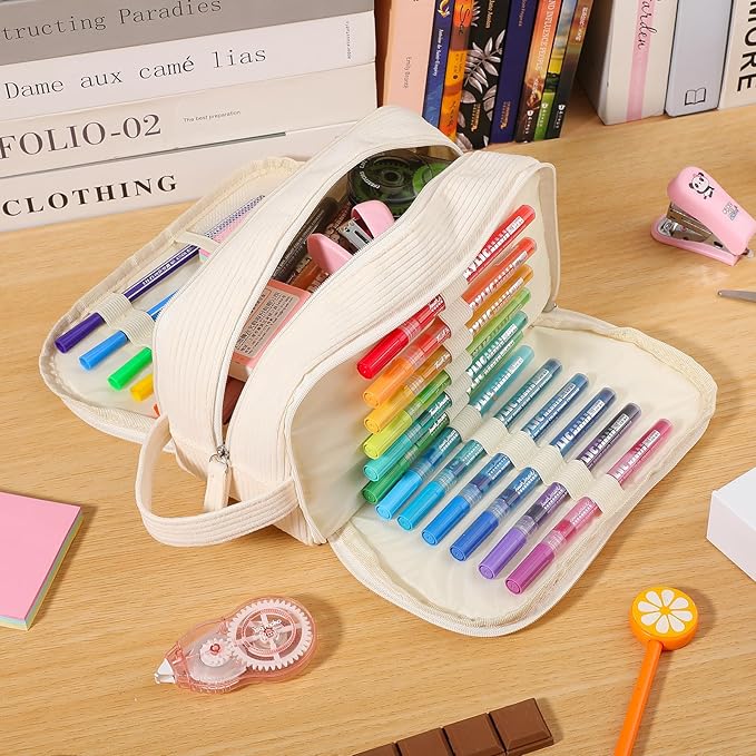 3 Compartment Pencil Case, Extra Large Capacity School Supplies Pencil bag with Easy Handle, Soft Corduroy Pencil Pouch, Aesthetic Supply Pen Case Bag Organizer For Teen Girls College (Beige)