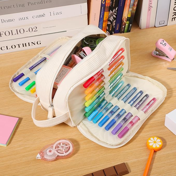 Cute Pencil Case Pouch Big Pencil bag For Girls boy kids College | Soft Corduroy Large Capacity 3 Compartment,Aesthetic Pen Case Pouch Crayon Marker Bag with Handle For School Art(Dark Green)