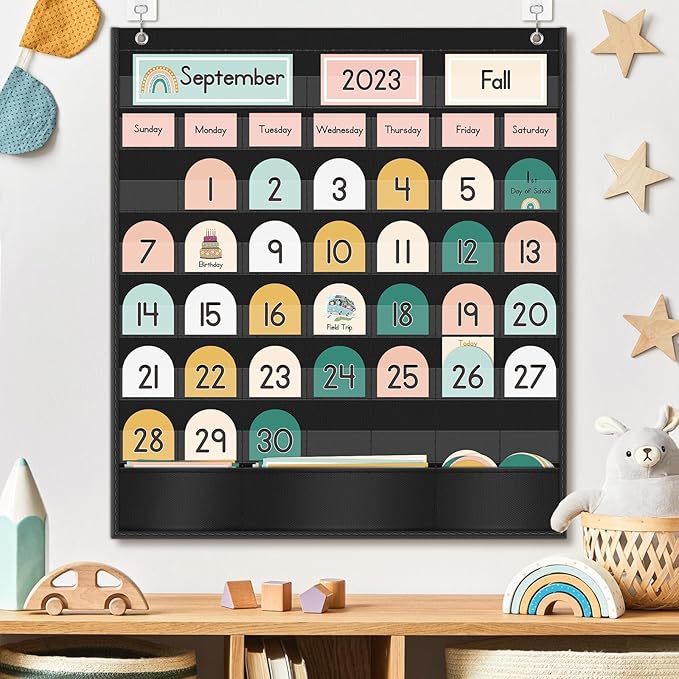 Eamay Boho Calendar Pocket Chart with 90 Cards for Kids Learning,Classroom and Home School Décor,Black