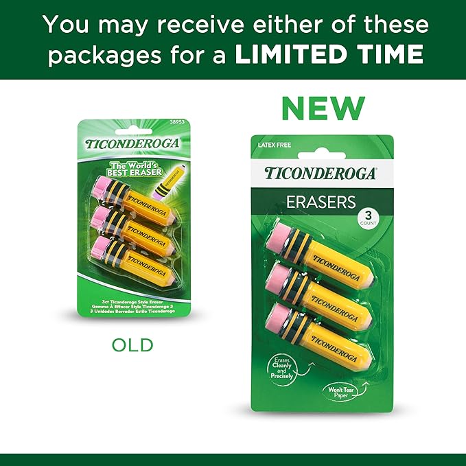 TICONDEROGA ® Erasers, Pencil Shaped, Yellow, 3 ct (38953)